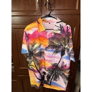 mens xl hawaiian shirt short sleeve button up polyester palm trees Orange